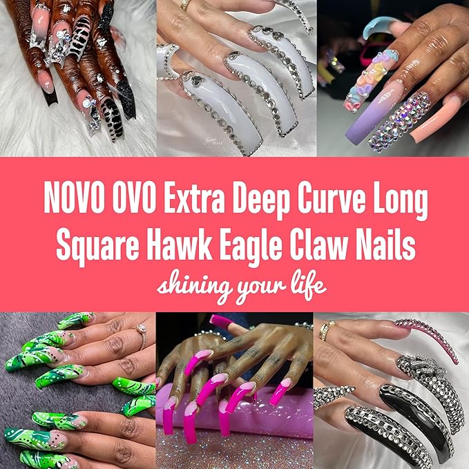 NOVO OVO Halloween 500 pcs Hawk Curved Trasnparent Extra Super Extreme Deep Curve Half Cover Long Square Tapered Eagle Claw False Nail Extension Tips Acrylic Nail 10 Sizes Bag Packaging Art Salon DIY