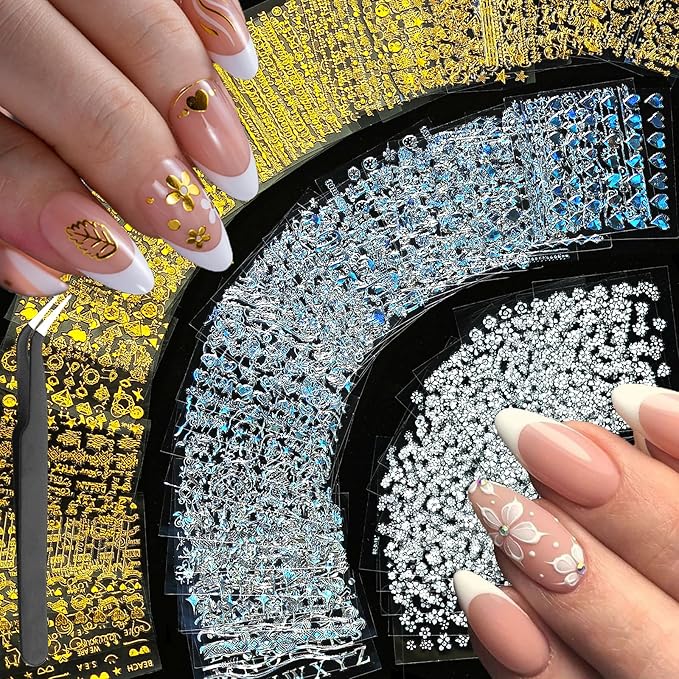 90Sheets Nail Stickers for Nail Art Decals White Flower Gold Aurora Star Moon Heart Line Nail Art Designs 3D Self-Adhesive Nails Supplies with Nail Tweezer for Women Girls Nails Decoration