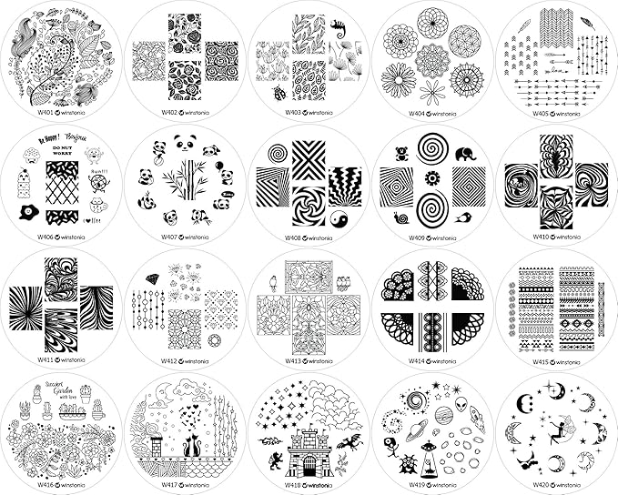 Winstonia Nail Art Stamping Plate 20 pcs Bundle Set Manicure Decoration Templates - Water-marbling, Floral, Galaxy, Fantasy, Lace, Pandas and more