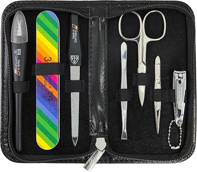 3 Swords Germany - Brand Quality 7-Piece Manicure kit with Rainbow Nail Buffer and Many More Tools in Black Artificial Leather case