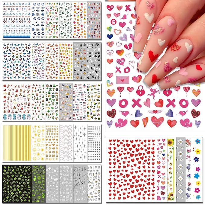 winthrop 36 Sheets All Holiday Nail Art Stickers, Mixed Season Nail Decals Set for All Year, Spring Summer 3D Self-Adhesive Colorful Pegatinas Uñas Daisy Butterfly 4th of July Halloween Christmas