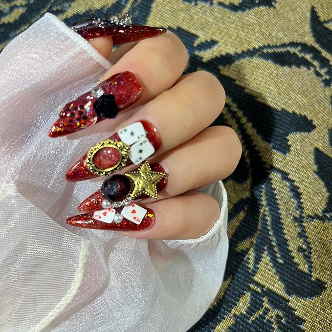 Mystery Box Random 4Pack(40Pcs) Handmade Nails Manual Press on Nails Poker Playing Pard Nails Manicure Charms Nails Art Nail Kit for Women Party Holiday Photo Wedding 30mm Long Size L