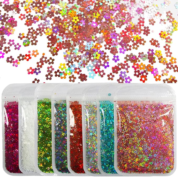 LoveOurHome 8 Colors Flower Chunky Glitter Flakes Holographic Floral Blossom Shaped Confetti Sequins Nail Sticker Accesories for Resin Crafts Acrylic Nails Makeup