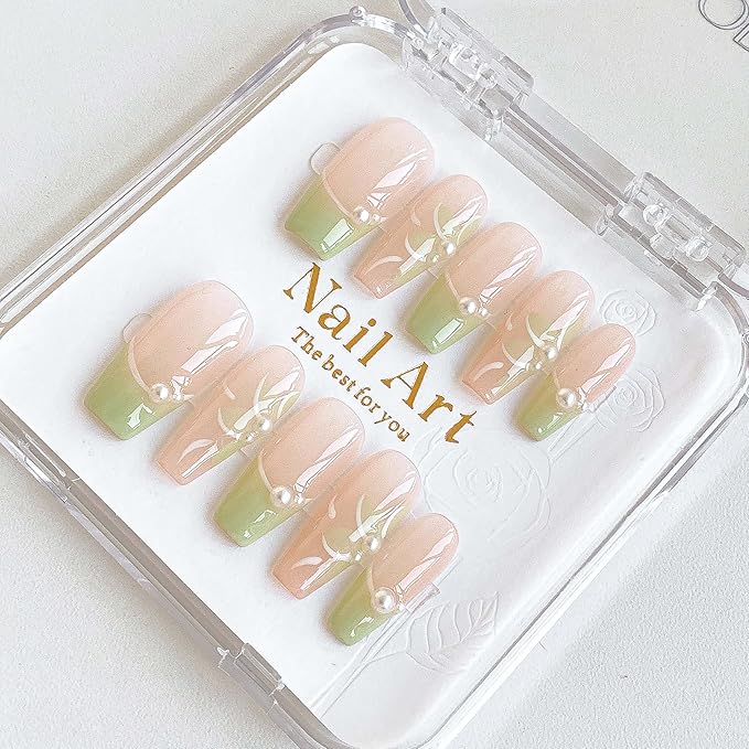 Long Ballerina Press On Nails, Pearl-Decorated Pink and Green French Tips, Handmade False Nail 10 Pieces (Small,LB)