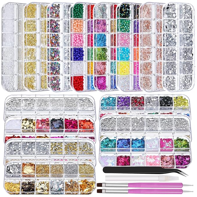 15 Boxes Nail Rhinestones Gems Kit,Gold/Silver Metal Studs,Mixed Sizes Flatback Crystals Rhinestones,Half Pearls,Sequins,Foil Flakes with Tweezers & Dotting Tools for DIY Manicure
