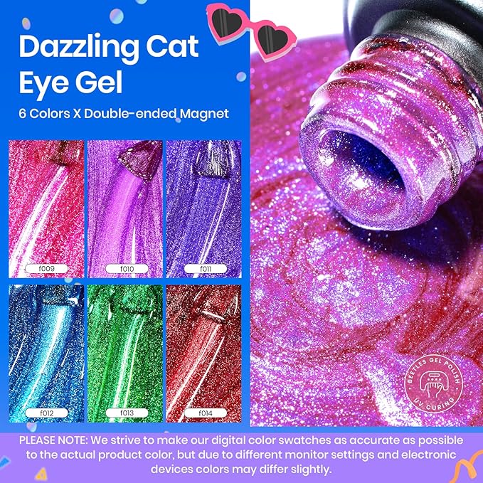 Beetles Cat Eye Gel Nail Polish, 6 Colors Cat Eye Glitter Gel Polish Set Neon Red Pink Purple Blue Green with Magnet Velvet Gel Kit Soak Off UV French Nail Art Manicure Spring Gift for Women
