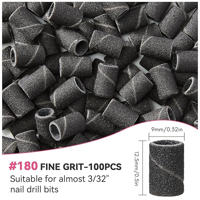 Makartt Sanding Bands for Nail Drill - 100 Pcs #180-Fine Grits Nail File Sanding Bands for Drill Bits, Nail Prep Smooth Polish, Upgrade Thicker Durable Sanding Drill Bit for Acrylic Nails Gel, Black