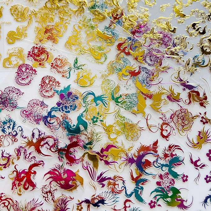 NAIL ANGEL 12Sheets Nail Art Adhesive Sticker Sheets Gold and Rainbow Color Dragon Peacock Phoenix Shapes Nail Art Decoration 10257