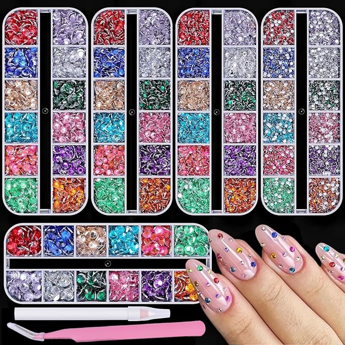 5 Boxes Shiny Colorful Nail Art Rhinestones Nail Stone Gems Design Kit 2-6mm Flatback Round Clear Solid Color Nail Gems with a Curved Tweezers and a Nail Brush (Solid Color kit)