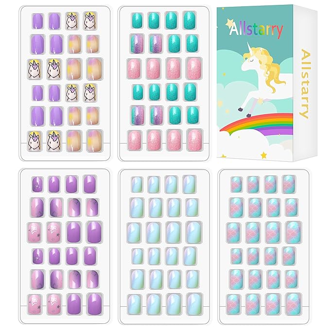 Allstarry 120pcs 5 pack Children Nails Press on Pre-glue Full Cover Glitter Gradient Color Rainbow Short False Nail Kits Lovely Gift for Children Little Girls Nail Art Decoration - Purple Unicorn