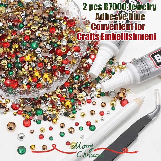 RODAKY 9000PCS Green Red Resin Rhinestones Bedazzling Gems for Craft Gold Silver Flatback Pearls with 2pcs 10ml B7000 Jewelry Glues Tweezers Dotting Pen Christmas Bedazzler Kit