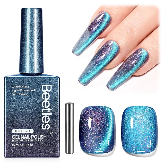 Beetles Cat Eye Gel Nail Polish - 15ML 9D Cat Eye Chameleon Blue Glitter Gel Polish Magnetic Shimmer Effect Soak Off UV DIY Holo Blue Dream Manicure Gift for Women