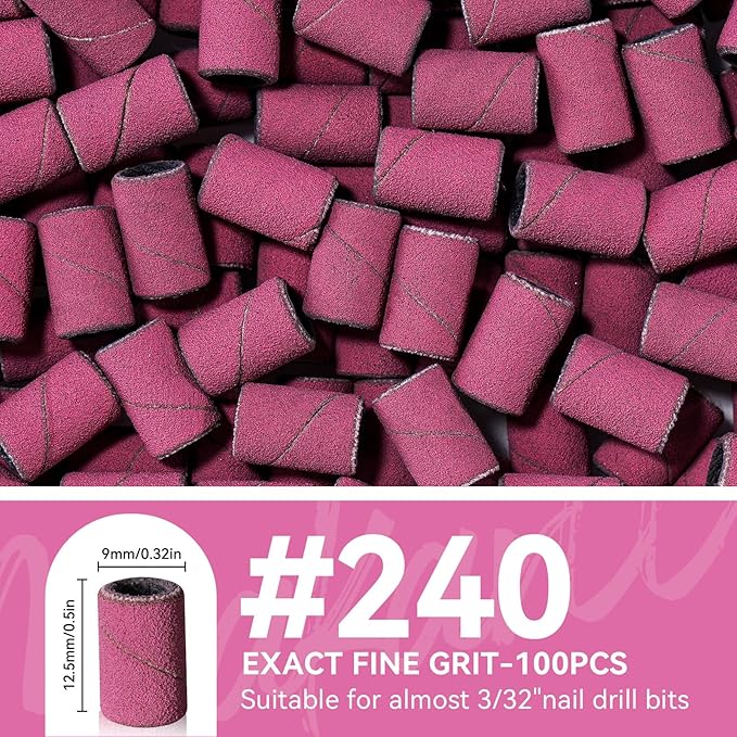 Makartt Sanding Bands for Nail Drill - 100 Pcs Nail File Sanding Bands for Drill Bits #240 Medium Grits for Acrylic Nails Gel Removing and Shaping, Upgrade Thicker Durable Sanding Drill Bit, Pink