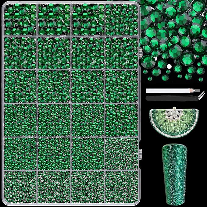 25000Pcs Resin Jelly Rhinestones with Tweezers for Crafting, 2-6mm Mixed Sizes (Dark Green) Non Hotfix Flatback Gems, Bedazzling Crystal for DIY Crafts Clothing Tumblers Mugs Shoes Decor Nail Art