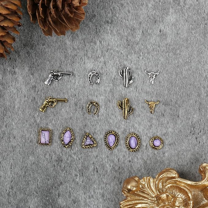 50 PCS Western Nail Charms - Purple Turquoise Nail Charms, Vintage Cowboy Cowgirl Western Art Gems Stickers, Retro Metal Gold Silver Art, Purple Multi-Shape Marble Gems Bulk DIY