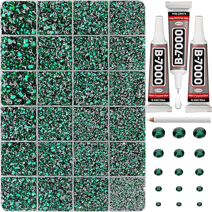 33000Pcs Green Rhinestones for Bedazzling, Bedazzler Kit with Flatback Craft Rhinestones Emerald Dark Green Bulk and B7000 Glue, 2,3,4,5,6mm Resin Flat Back Crystals for Craftings, Clothes, Nails