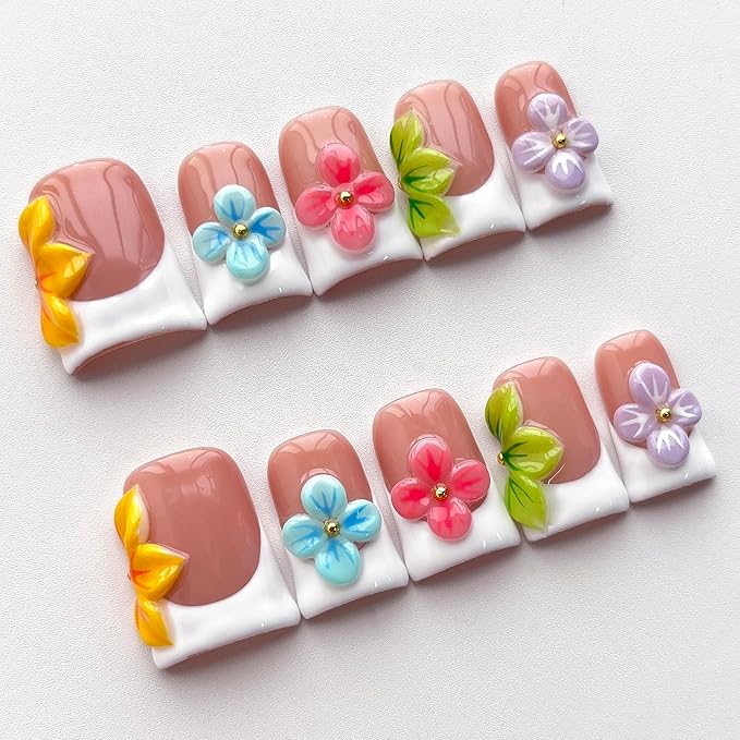 Luxury Press on Nails Short Duck Handmade 3D Unique Reusable ABS Material Fake Nails White French Tip False Nails with Designs Colorful Flower Glossy Glue on Nail Thick Acrylic Nail(S)