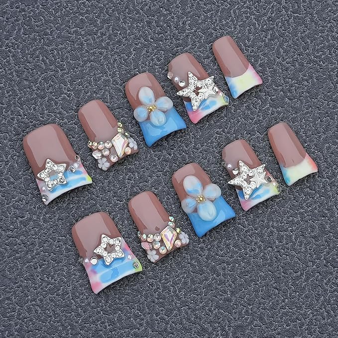 Press on Nails Duck Shape 3D Floral Metallic Star Design Luxury Thick Acrylic Fake Nails Rhinestones Petal Flower French Tip Blue False Nails (Pastel Pink-Blue Stellar,S)