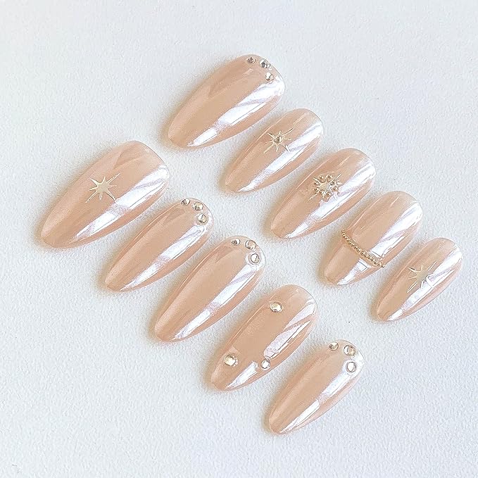 Almond Press-On Nails, Nude with Crystal Rhinestones and Star Design, Handmade False Nail 10 Pieces (XS, Almond)