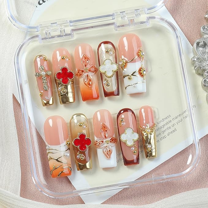 Luxury Soft Pink Press On Nails 10pcs, Handmade Acrylic Square Tips with 3D Floral Art, Gold Mirror Motif & Pearl Details, Elegant Ombre Design for Weddings, Parties & Daily Wear – Appife
