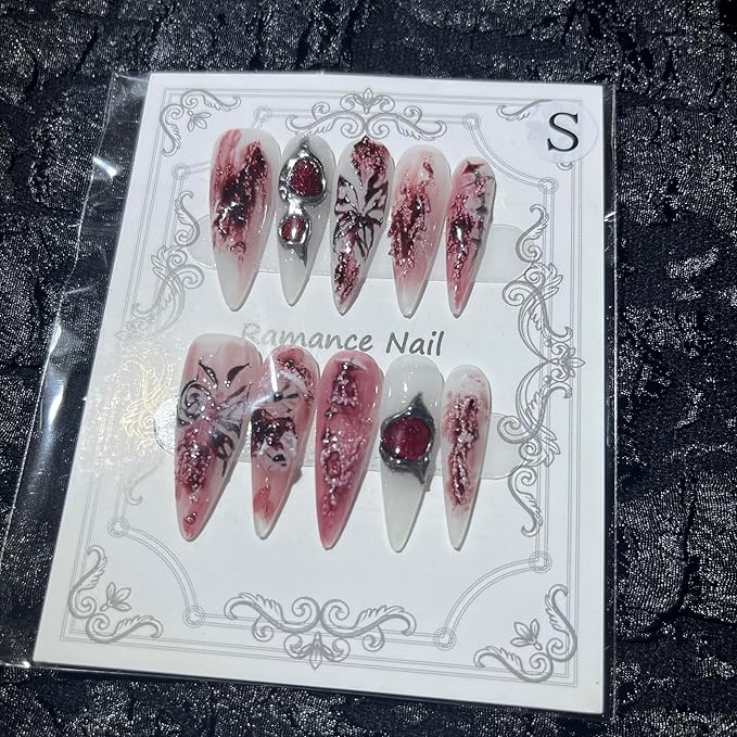 Handmade Fake Nails Press On Nails Red Baroque with Gothic Arch Design and Leather Accents for Women Size S