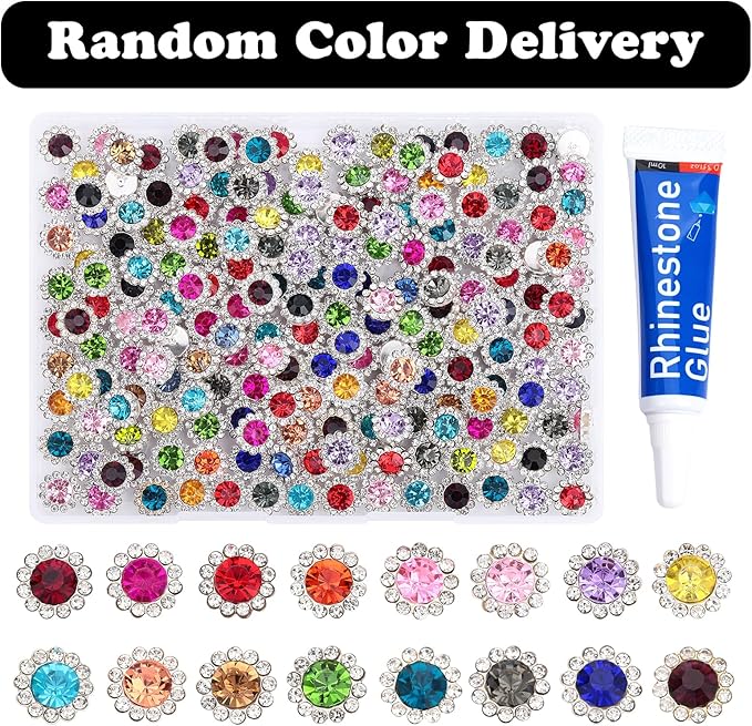 200 Pcs 12MM Sew on Rhinestones Mixed Colors Crystal Glass Metal Base Flower Shape，Flatback Rhinestones for Crafting，Sewing Accessories for Clothes and Shoes with Glue