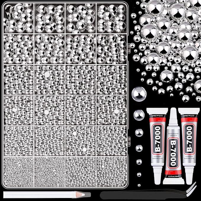 11000Pcs Flatback Pearls for Crafting(Silver), Assorted Size 2/3/4/5/6/8/10mm Half Pearl with 3Pcs 10ml B7000 Jewelry Glue, Bedazzling Bead for Crafts Clothing Tumblers Shoes Embellishment Nail Art