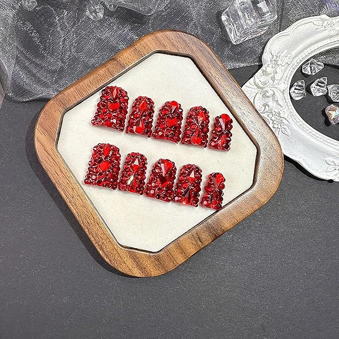 Short Duck Press on Nails Handmade Fake Nails Sparkly Red Rhinestones Full Cover False Nails with Designs Luxury Reusable Glue on Nail for Women 10Pcs(Size M)