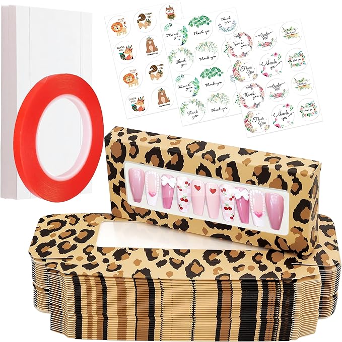 74PCS Press on Nails Packaging Box Set Includes 35PCS Empty Nail Package Box 35PCS White Background Paper 1 Double Sided Tape and 3 Thank You Stickers for Press on Nail Business (Brown Leopard)