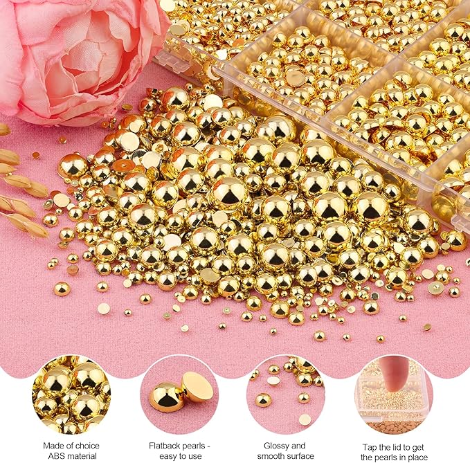 13000Pcs Flatback Pearls for Crafting (Gold), Assorted Size 2/3/4/5/6/8/10mm Non Hotfix Half Pearl, Bedazzling Bead for DIY Crafts Clothing Tumblers Mugs Shoes Fabric Embellishment Nail Art Makeup