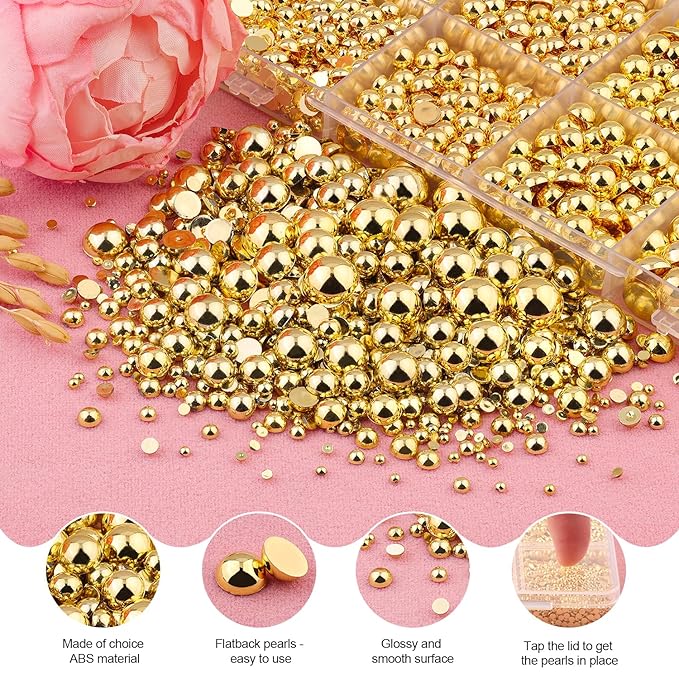 11000Pcs Flatback Pearls for Crafting (Gold), Assorted Size 2/3/4/5/6/8/10mm Non Hotfix Half Pearl, Bedazzling Bead for DIY Crafts Clothing Tumblers Mugs Shoes Fabric Embellishment Nail Art Makeup