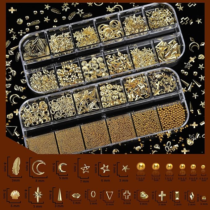 Teenitor Gold Nail Charms and Gems Set, 4 Boxes Nail Gems Nail Pearls Nail Art Tools, 3D Cross Nail Charms Heart Nail Rhinestones for Nails Supplies, Charms for Nails Design Nail Art Kit