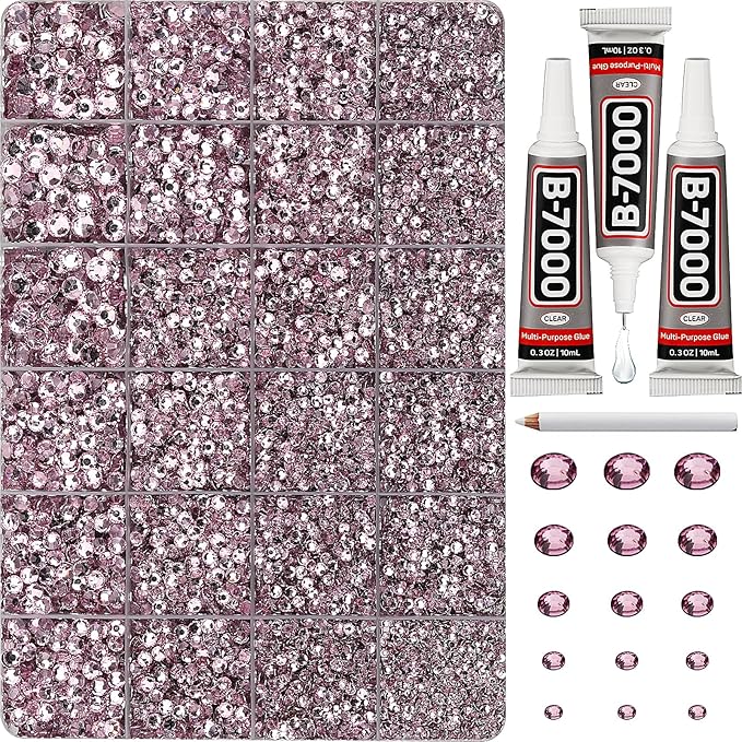 33000Pcs Light Pink Rhinestones for Bedazzling, Bedazzler Kit with Flatback Craft Rhinestones Baby Pink Bulk and B7000 Glue, 2,3,4,5,6mm Resin Flat Back Crystals for Craftings, Clothes, Shoes, Nails
