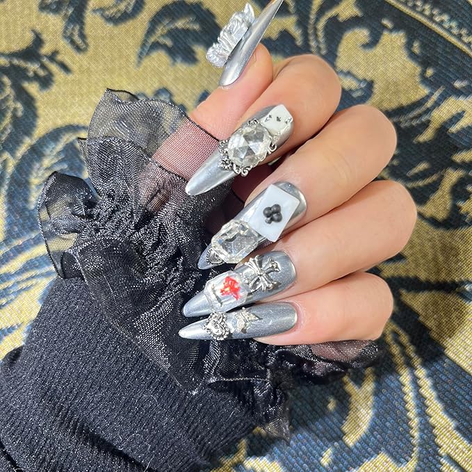 Mystery Box Random 4Pack(40Pcs) Handmade Nails Manual Press on Nails Poker Playing Pard Nails Manicure Charms Nails Art Nail Kit for Women Party Holiday Photo Wedding 30mm Long Size L