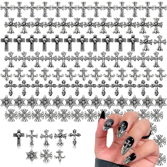 120 PCs Silver Cross Nail Charms – Cross Charms for Nails – Sturdy and Easy-to-Apply Decorations, DIY and Professional Use, 3D Art for Nails | Works with Rhinestones and Nail Art Striping Tape Lines