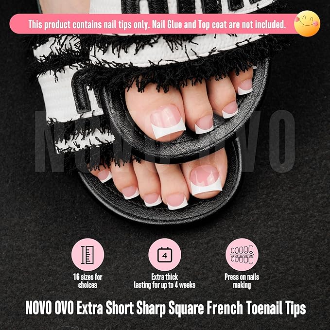 NOVO OVO Extra Short Toe Nail Tips White French Tip BERRY PINK Sharp Square Press On, Soft Gel False Fake Toenail Extension Kit, Need Apply Top Coat Buider Gel Nail Glue, Salon DIY x 16 Sizes 224 Pcs
