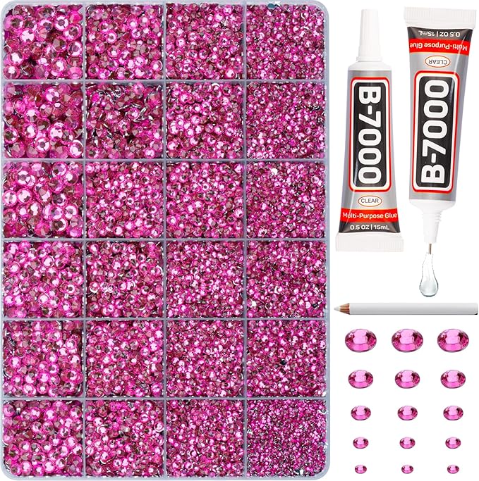 20100Pcs Fuchsia Resin Rhinestones 2,3,4,5,6mm Flatback for Bedazzling Crafting Crafts Clothing Clothes Fabric Shoes Nail Art, Flat Back Gems Diamonds Bedazzler Kit Bulk Jewels Crystals Gemstones