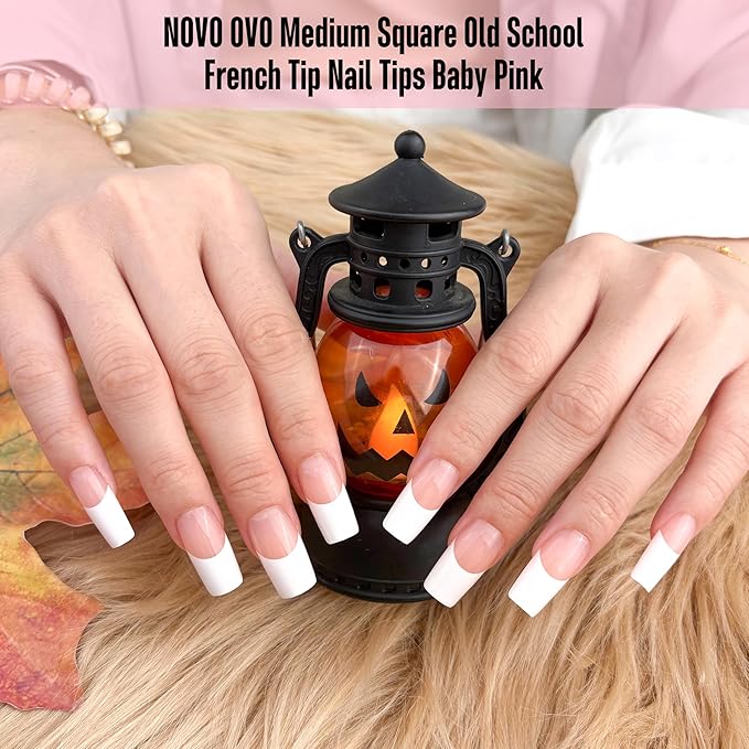 NOVO OVO Old School Wide White French Tip Nail Tips Press on, Medium Length Tapered Square BABY PINK, Extra Thick Soft Gel Fake Acrylic Extension, Need Builder Gel, Top Coat, Glue 15 Sizes 240 pcs