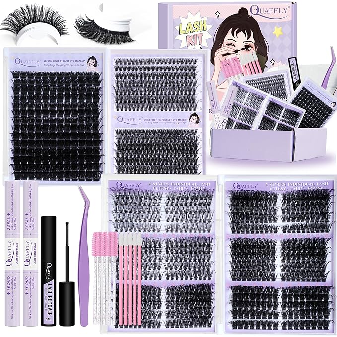Lash Clusters Kit 1018 Pcs Eyelashes Clusters Extensions Kit 8-18mm Individual Lashes Volume False Eyelashes With Bond Seal*2 Remover Tweezers Brush*10 For DIY Lash Extensions