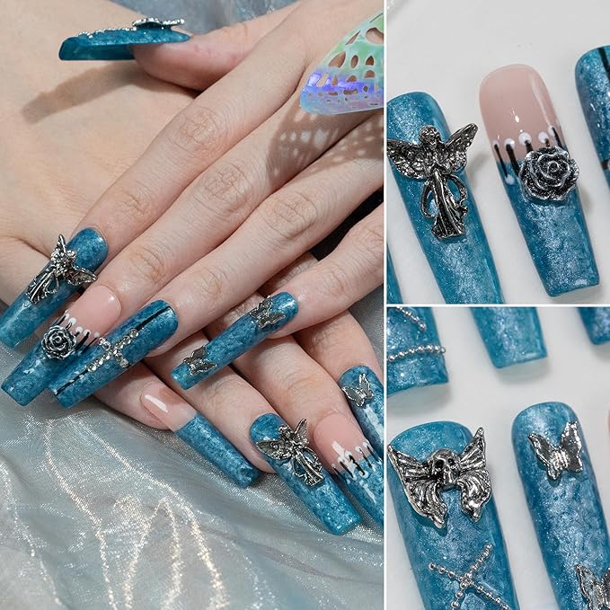 Sun&Beam Nails Handmade Press-on Long Coffin Ballerina Blue Nude Beige Y2K Glam 3D Design Fashion False Nail Tips 10 Pcs Set (#269 L)