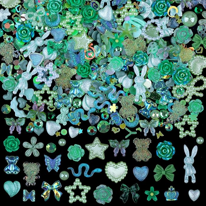 100 Pieces 3D Resin Butterfly Bear Nail Charms Rose Flower Peach Skirt Bow Deer Snake Rabbit Animal Shaped Nail Art Rhinestones Pearls for DIY Nail Art Decoration Making Craft (Green)