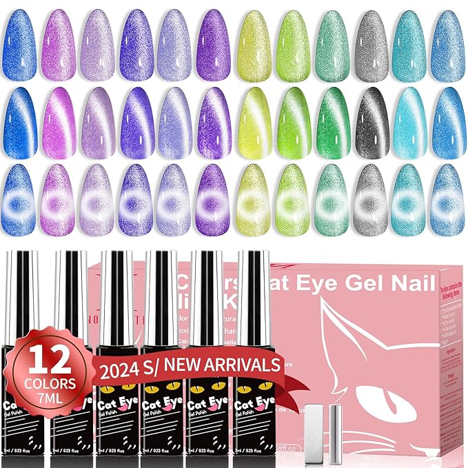 Cat Eye Gel Nail Polish Kit-12 Colors Holographic Glitter Cat Eye Gel Polish Set with Magnet Based Top Coat Romantic Galaxy Series Soak Off Uv Led Magnetic Nail Polish Nail Art Manicure DIY