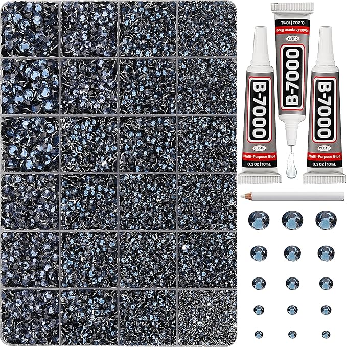 33000Pcs Navy Blue Rhinestones for Bedazzling, Bedazzler Kit with Flatback Craft Rhinestones Navy Bulk and B7000 Glue, 2,3,4,5,6mm Resin Flat back Crystals for Craftings, Crafts, Clothes, Shoes, Nails