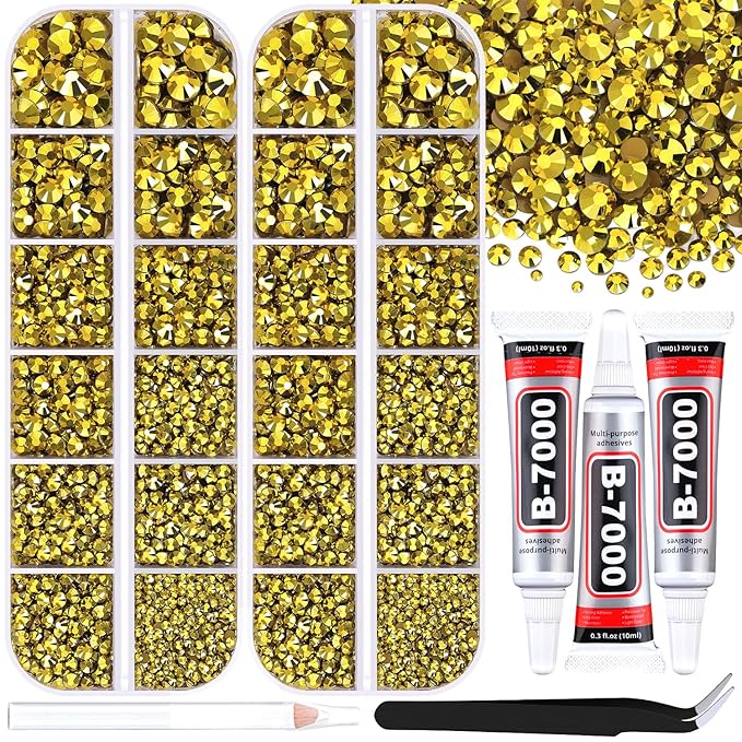 12000Pcs Resin Rhinestones for Bedazzling with 3Pcs B7000 Jewelry Glue, 2 Boxes Bright Gold Flatback Rhinestones for Crafting Crafts DIY, Crystals Gems for Clothing Shoes Tumblers Nail Art Makeup