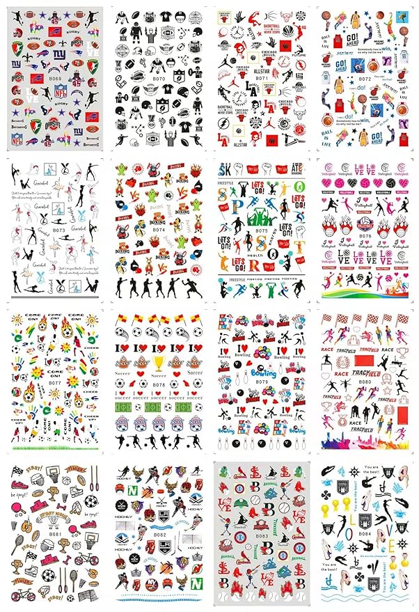 CHANGAR Football Sports Nail Art Decals - Basketball, Soccer, Cheerleading, Flag, Bowling, Rugby, Ballet - 16 Sheets
