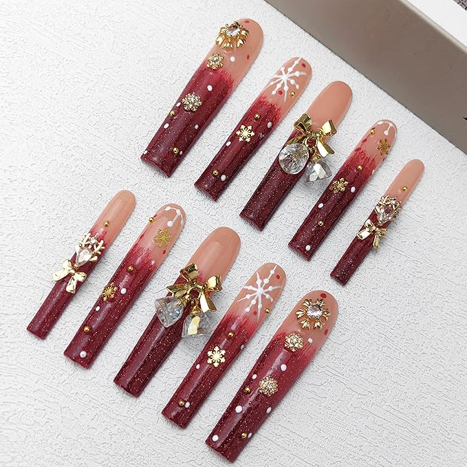 2025 New Long Handmade PMMA Acrylic Nails Red with Snowflake Rhinestone Bell Design Reusable Full Coverage False Nail Ladies False Nail Set (Snowflake, Medium)