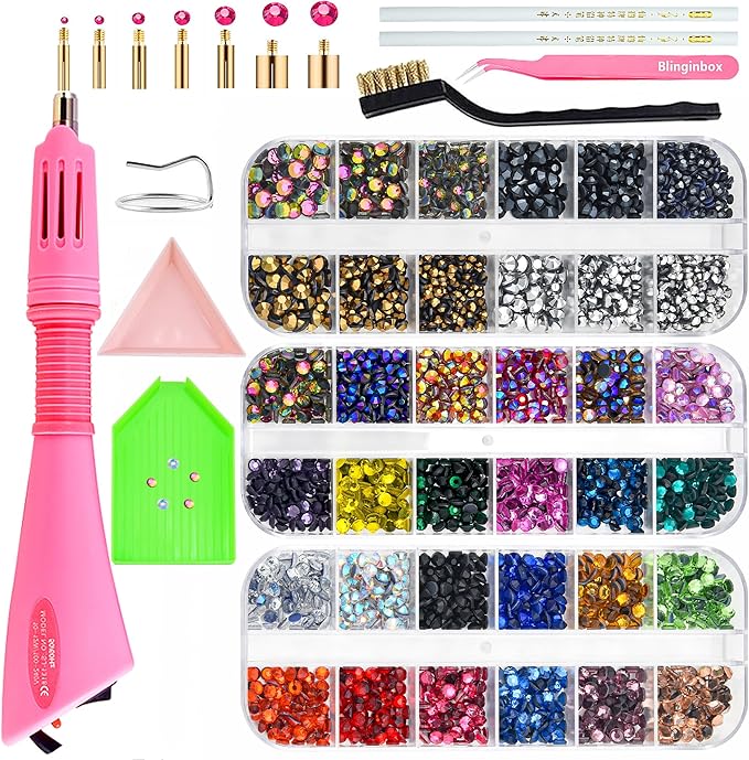 Blinginbox Hotfix Applicator Kit with 3 Boxes Rhinestones for Crafts,Clothes, Fabric, Leather,DIY Hot Fix Applicator Setter Tool with 7 Tips,Stand,Tweezers,Cleaning Brush,Gem Pickers