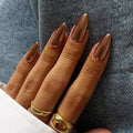 Chrome Press On Nails Almond, Metallic Bronze Mirrored Glue on Nails Medium Press Ons, Acrylic Natural Fit Stick on Nails in 12 Sizes - 24Pcs Fake Nail Kit for Women Daily & Party Wear