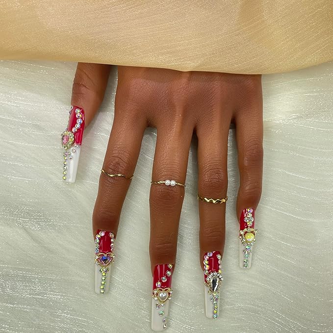 2025 Long Handmade Manicure Reusable Press-on Nails Mixed White and Red Fake Nails with Heart Gifts for Women (White & Dark Red, Medium)