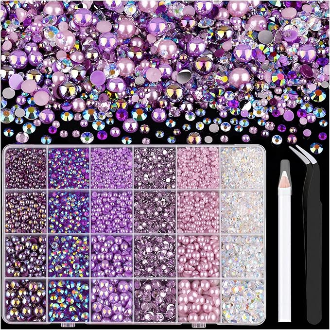 14000PCS Flatback Pearls and Purple Rhinestones for Bedazzling Kit, Purple Mixed Size 3-10mm Resin Rhinestones Gems and Half Pearls for Crafting, Nail Art Crafts Decoration